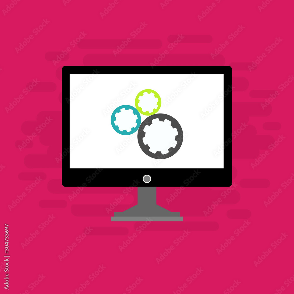 Laptop and gear icon isolated on colored background. Laptop service concept. Adjusting app, setting options, maintenance, repair, fixing. Vector Illustration Laptop and gear icon isolated on colored background. Laptop service concept. Adjusting app, setting options, maintenance, repair, fixing. Vector Illustration