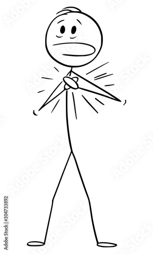 Vector cartoon stick figure drawing conceptual illustration of man suffering heart attack or pain and holding his chest or thorax.