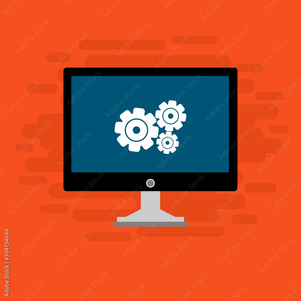 modern Computer monitor and gears. Monitor service concept. Adjusting app, setting options, maintenance, repair, fixing monitor concepts. Set icons colorful. Vector Illustration modern Computer monitor and gears. Monitor service concept. Adjusting app, setting options, maintenance, repair, fixing monitor concepts. Set icons colorful. Vector Illustration