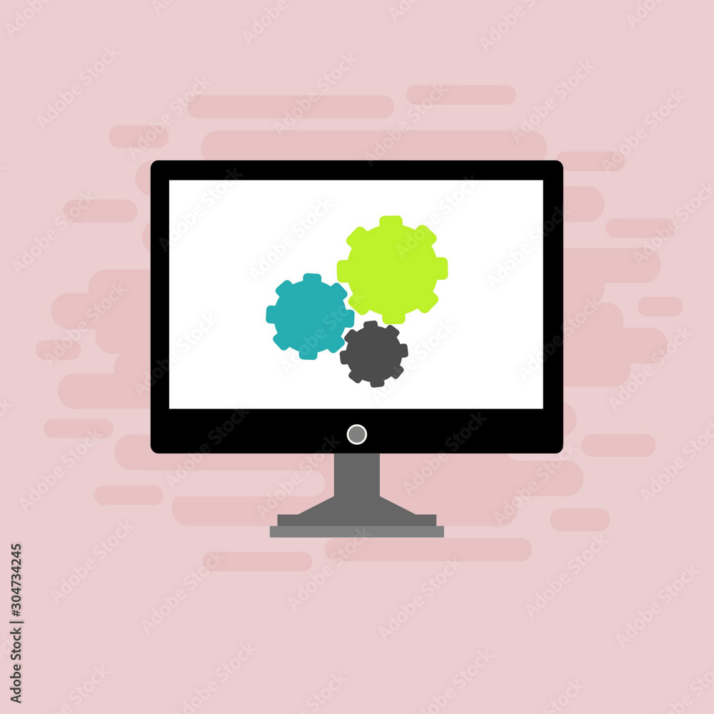 Laptop and gear icon isolated on colored background. Laptop service concept. Adjusting app, setting options, maintenance, repair, fixing. Vector Illustration Laptop and gear icon isolated on colored background. Laptop service concept. Adjusting app, setting options, maintenance, repair, fixing. Vector Illustration