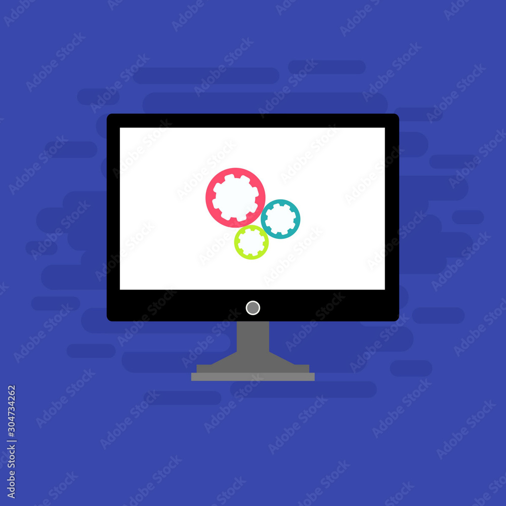 Laptop and gear icon isolated on colored background. Laptop service concept. Adjusting app, setting options, maintenance, repair, fixing. Vector Illustration Laptop and gear icon isolated on colored background. Laptop service concept. Adjusting app, setting options, maintenance, repair, fixing. Vector Illustration