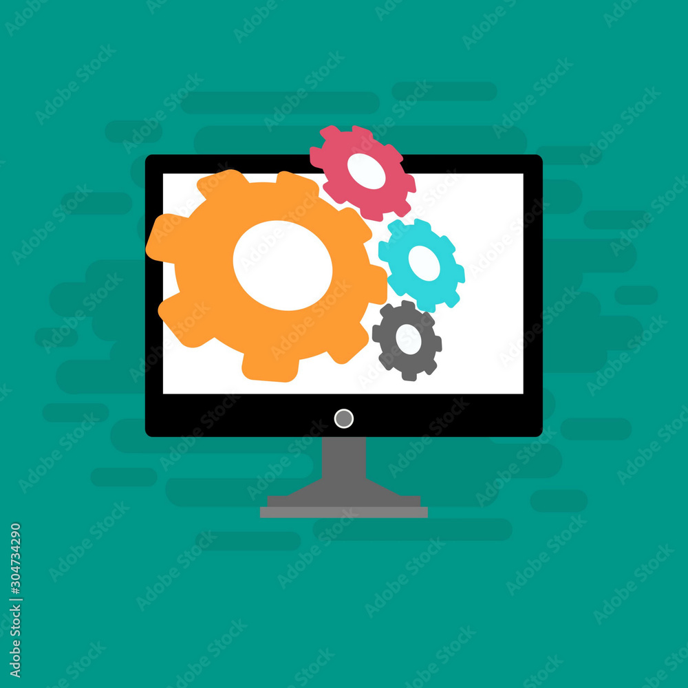 Laptop and gear icon isolated on colored background. Laptop service concept. Adjusting app, setting options, maintenance, repair, fixing. Vector Illustration Laptop and gear icon isolated on colored background. Laptop service concept. Adjusting app, setting options, maintenance, repair, fixing. Vector Illustration