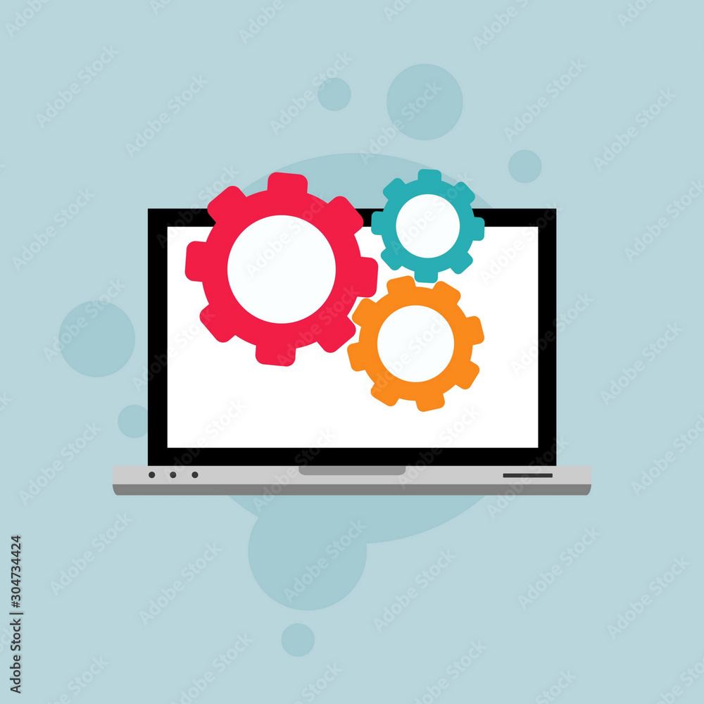 Laptop and gear icon. Laptop service concept. Adjusting app, setting options, maintenance, repair, fixing Vector Illustration Laptop and gear icon. Laptop service concept. Adjusting app, setting options, maintenance, repair, fixing Vector Illustration