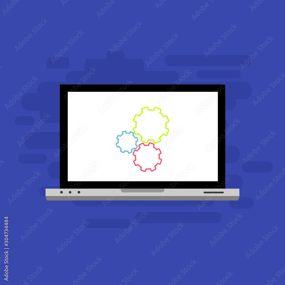Laptop with gear on screen. Computer repair service, technical support. Flat design. Vector illustration Laptop with gear on screen. Computer repair service, technical support. Flat design. Vector illustration