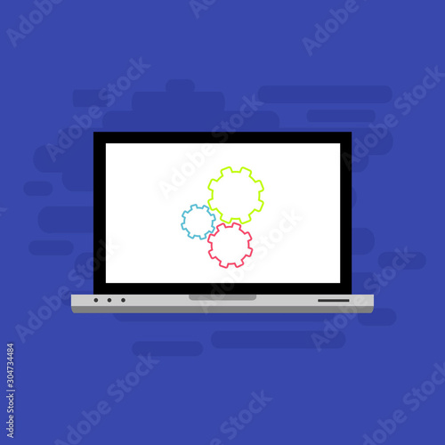 Laptop with gear on screen. Computer repair service  technical support. Flat design. Vector illustration