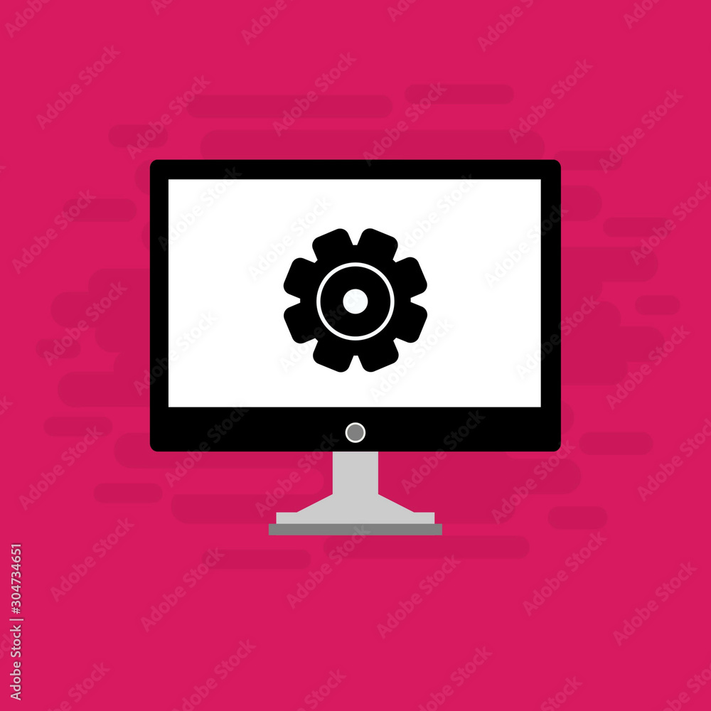 Computer monitor and gears icon isolated. Monitor service concept. Adjusting app, setting options, maintenance, repair, fixing monitor concepts. Set icons colorful. Vector Illustration Computer monitor and gears icon isolated. Monitor service concept. Adjusting app, setting options, maintenance, repair, fixing monitor concepts. Set icons colorful. Vector Illustration