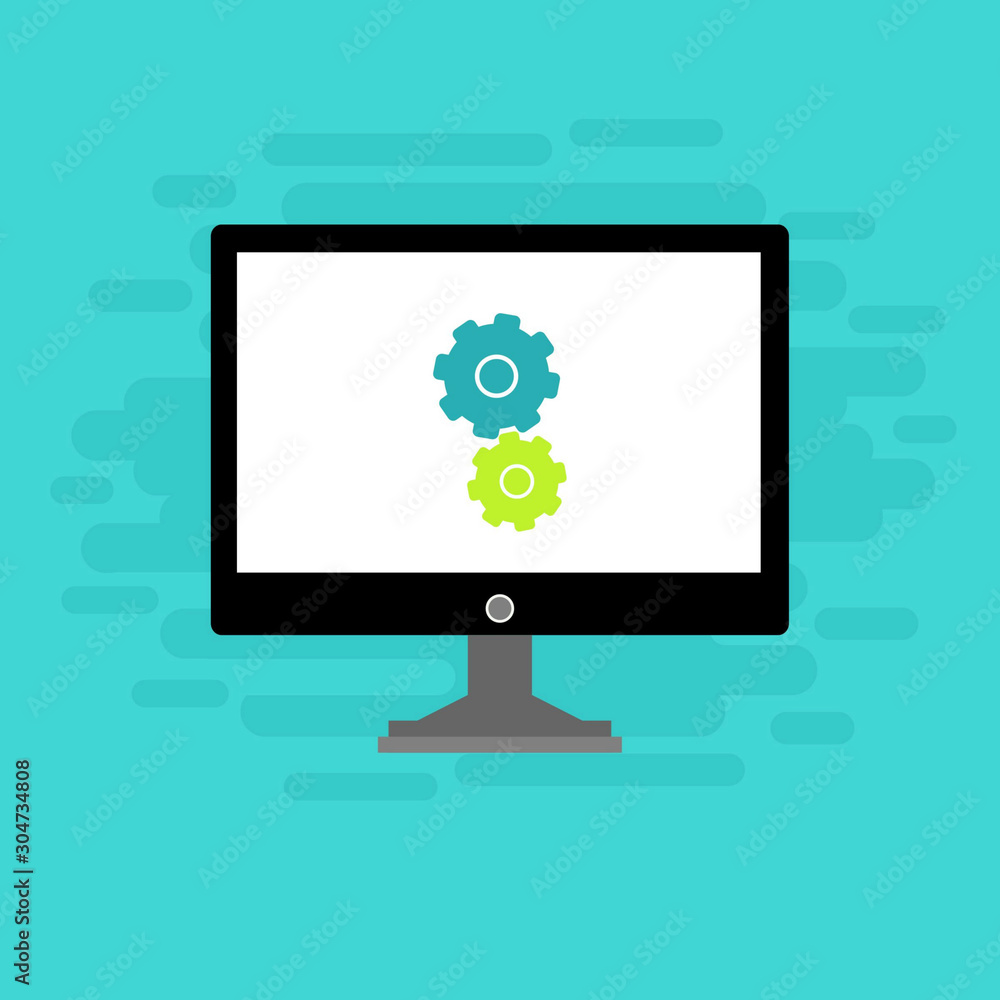 Laptop and gear icon isolated on colored background. Laptop service concept. Adjusting app, setting options, maintenance, repair, fixing. Vector Illustration Laptop and gear icon isolated on colored background. Laptop service concept. Adjusting app, setting options, maintenance, repair, fixing. Vector Illustration