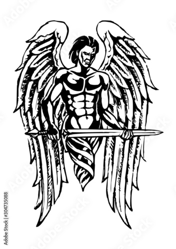 angel of revenge and war with big wings and sword, angel warrior, black and white drawing