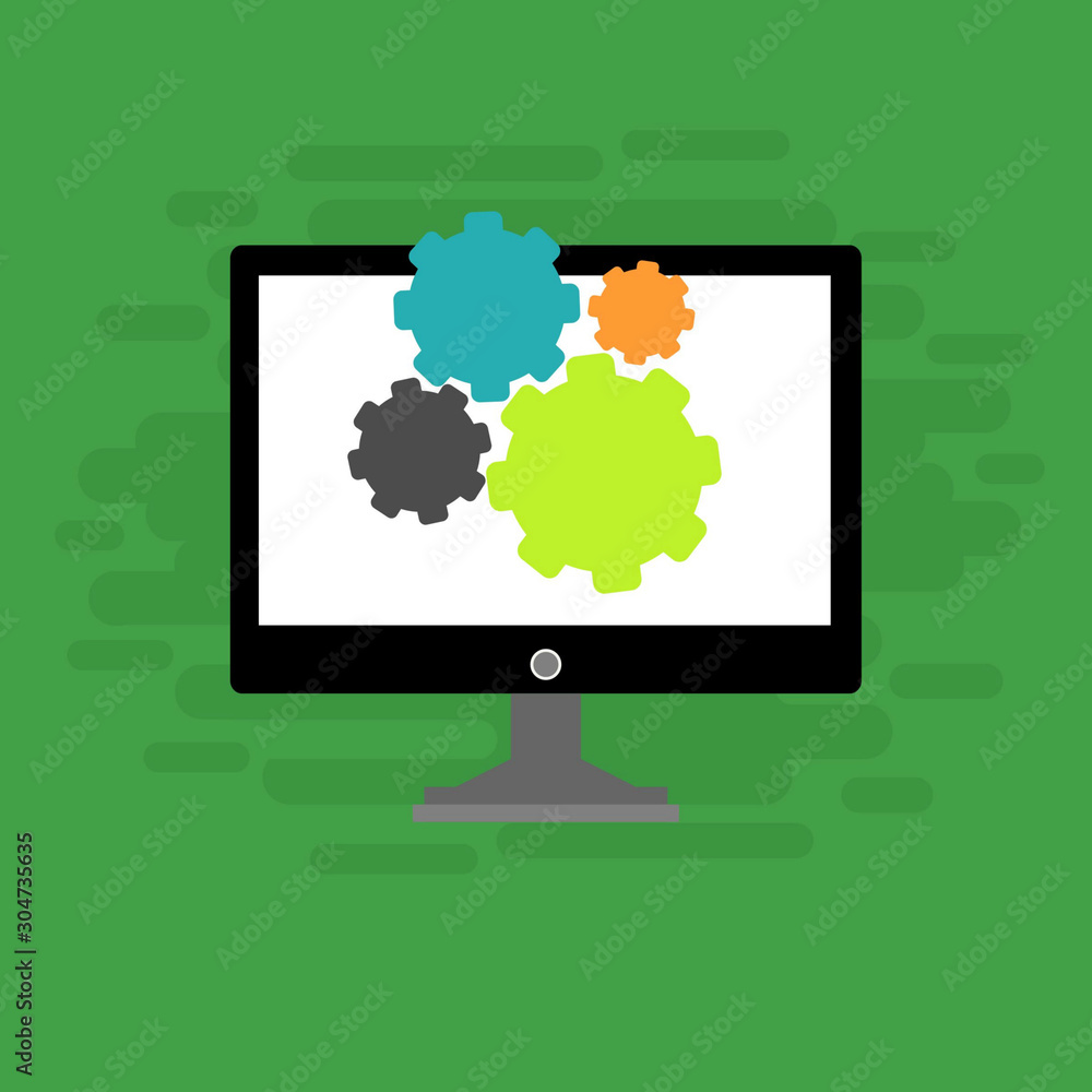 Laptop and gear icon isolated on colored background. Laptop service concept. Adjusting app, setting options, maintenance, repair, fixing. Vector Illustration Laptop and gear icon isolated on colored background. Laptop service concept. Adjusting app, setting options, maintenance, repair, fixing. Vector Illustration