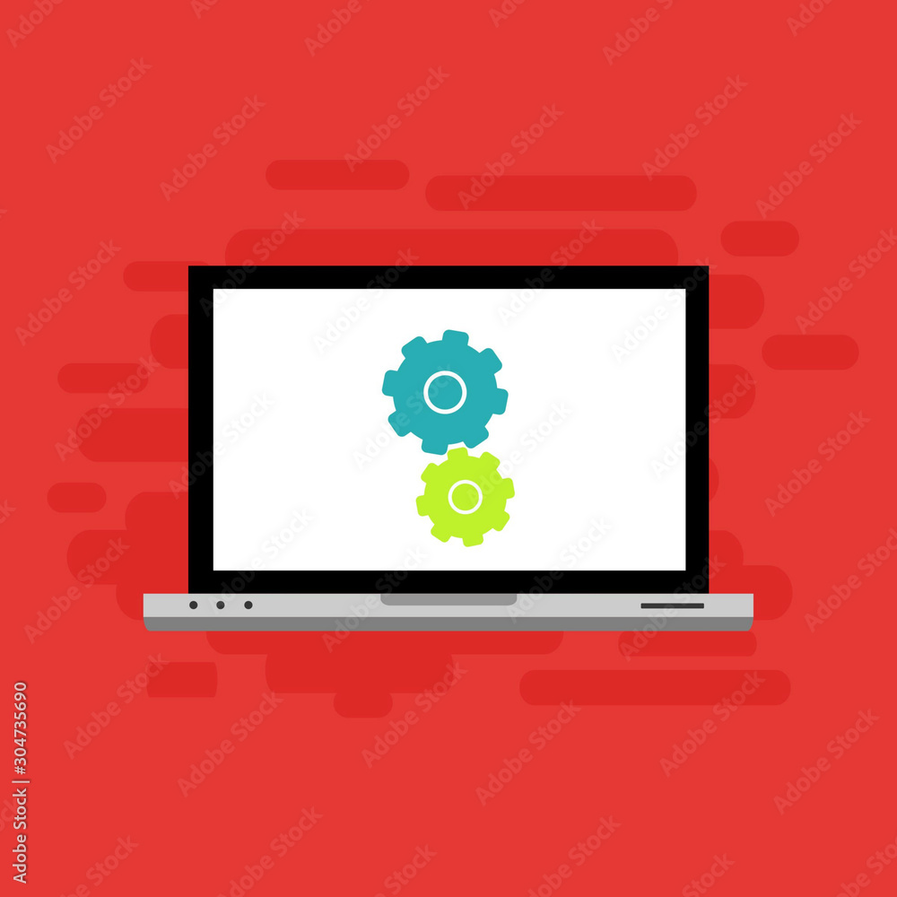 Laptop with gear on screen. Computer repair service, technical support. Flat design. Vector illustration