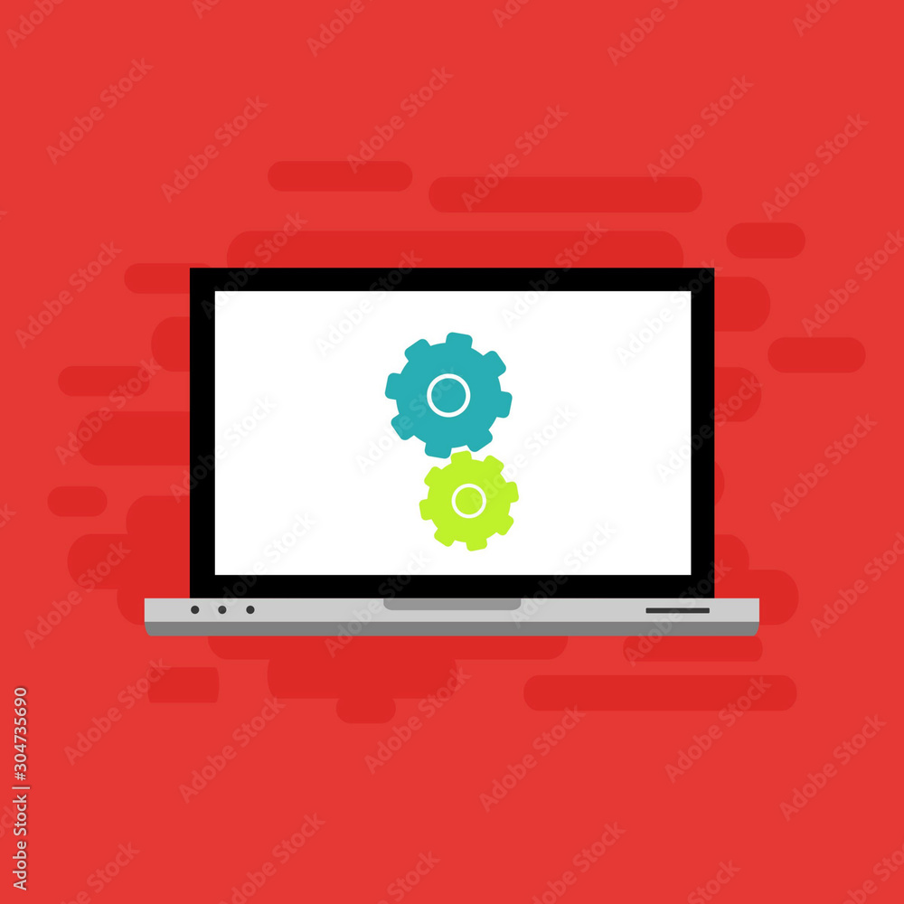 Laptop with gear on screen. Computer repair service, technical support. Flat design. Vector illustration Laptop with gear on screen. Computer repair service, technical support. Flat design. Vector illustration