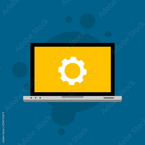 Laptop and gear icon. Laptop service concept. Adjusting app, setting options, maintenance, repair, fixing Vector Illustration