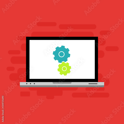 Laptop with gear on screen. Computer repair service  technical support. Flat design. Vector illustration