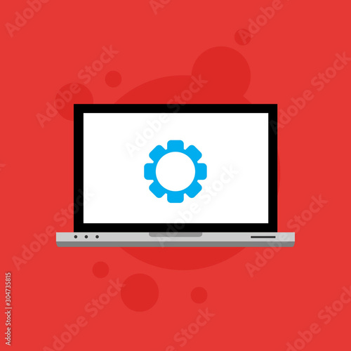 Fototapeta Naklejka Na Ścianę i Meble -  Laptop and gear icon isolated on colored background. Laptop service concept. Adjusting, service, setting, maintenance, repair, fixing. Logo design template element. Vector Illustration