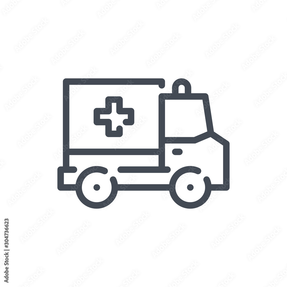 Ambulance line icon. First aid vehicle vector outline sign. Ambulance line icon. First aid vehicle vector outline sign.