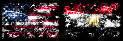United States of America, USA vs Egypt, Egyptian New Year celebration sparkling fireworks flags concept background. Combination of two abstract states flags. © Vlad