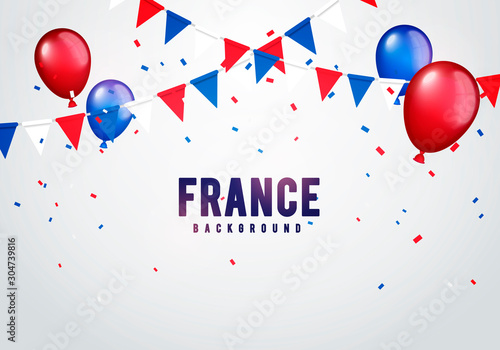 Vector illustration france celebration background with banner, confetti and balloons in french colors