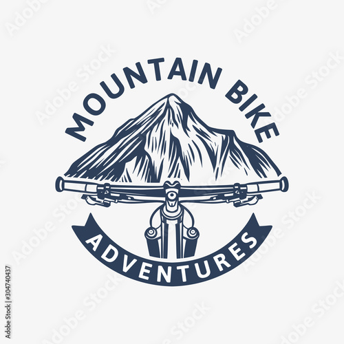 Mountain bike adventures vintage logo template with handlebar and mountain illustration