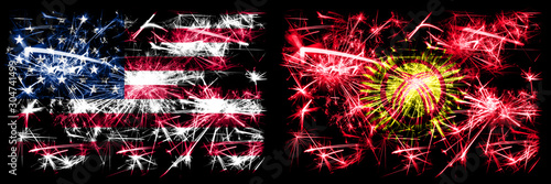 United States of America, USA vs Kyrgyzstan New Year celebration sparkling fireworks flags concept background. Combination of two abstract states flags. © Vlad