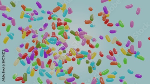 Jelly beans thrown up in the air - exploding - 3D render