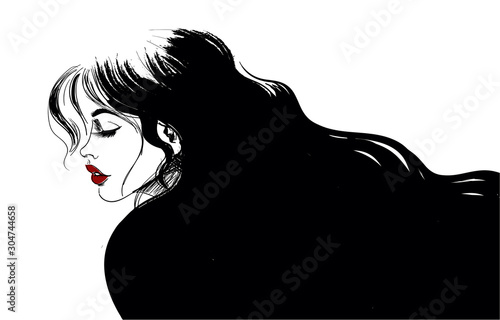 sensual woman profile with dark hair and red lips