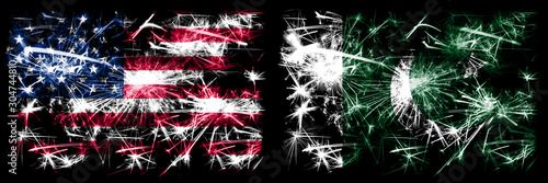 United States of America, USA vs Pakistan, Pakistani New Year celebration sparkling fireworks flags concept background. Combination of two abstract states flags. © Vlad