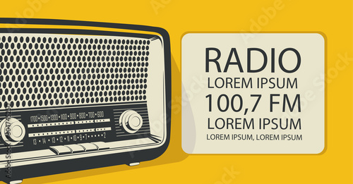 Vector banner for radio station with an old radio receiver and place for text in retro style. Radio broadcasting concept. Suitable for banner, ad, poster, flyer