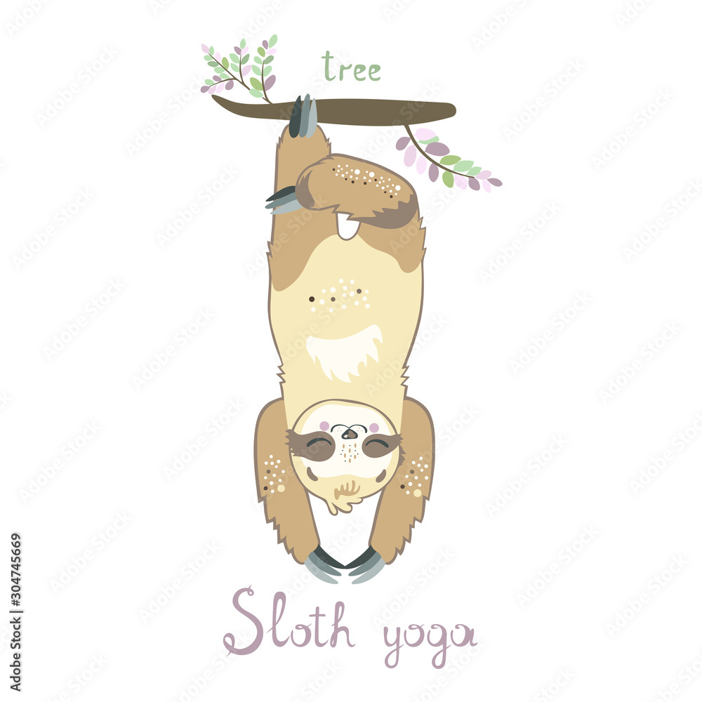 Cute sloth in tree yoga position. Sloth doing yoga. Meditation. Unique ...