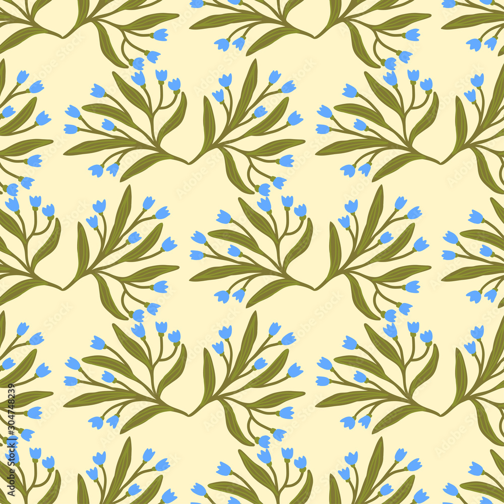 Floral seamless pattern with blue petite flowers on green background.
