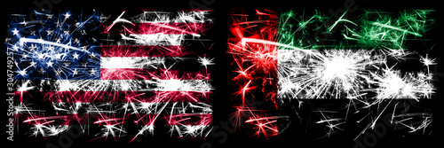 United States of America, USA vs United Arab Emirates, Emirati New Year celebration sparkling fireworks flags concept background. Combination of two abstract states flags. © Vlad