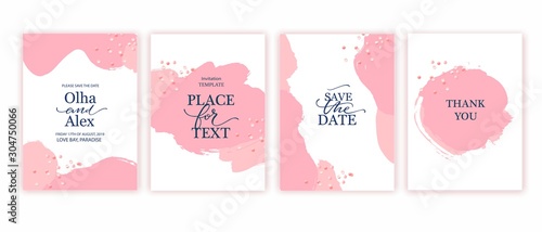 Wedding invitation hand drawn card. Brush stroke design. Blush brush and rose gold style.