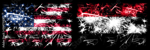 United States of America, USA vs Yemen, Yemeni New Year celebration sparkling fireworks flags concept background. Combination of two abstract states flags. © Vlad