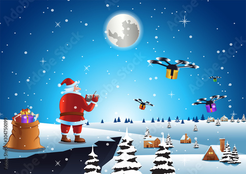 santa claus send gift to everyone by drone at village scene,vector illustration