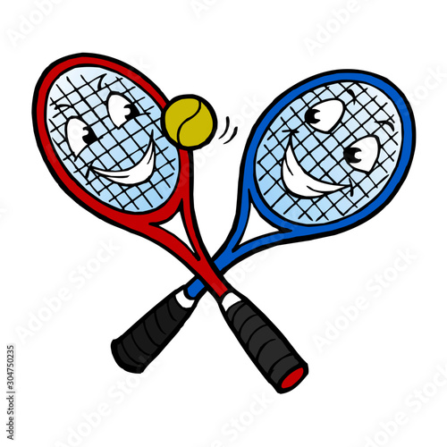 Tennis racket and ball mascots, crossed, smiling, color cartoon