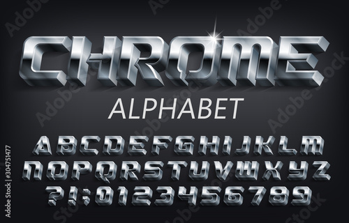 3D Chrome alphabet font. Futuristic metallic letters, numbers and symbols with shadow. Stock vector typescript for your design.