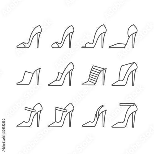Set of female shoes. Elegant black slippers on while background. Vector illustration. Good for wrapping, print, wallpaper.