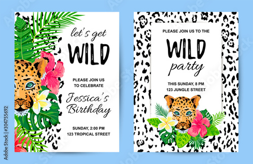 Leopard with tropical leaves, flowers, wild party invitations set. Place for text. Vector illustration for flyer, birthday, tropical party, banner, poster.