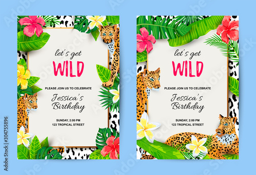 Leopards with tropical leaves, flowers, wild party invitations set. Place for text. Vector illustration for flyer, birthday, tropical party, banner, poster.