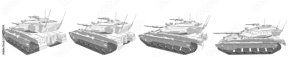 Cartoon style outlined isolated 3D miltary tank with fictional design, highly detailed army forces concept - military 3D Illustration