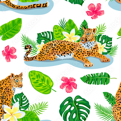 Leopards with jungle leaves, tropical flowers seamless pattern. Vector illustration.