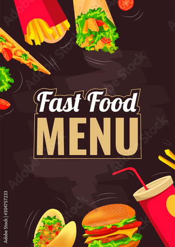 A4 Fast food menu design with Burger, Tacos, Kebab, Slice of pizza, French fries and Soda drink on the dark background. Vector illustration for cafe and restaurant menu, poster, banner, flyer.