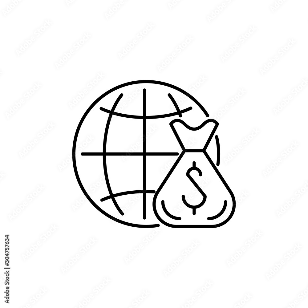 Concept of global economy. Earth and money bag icon. Outline thin line flat illustration. Isolated on white background. Concept of global economy. Earth and money bag icon. Outline thin line flat illustration. Isolated on white background.