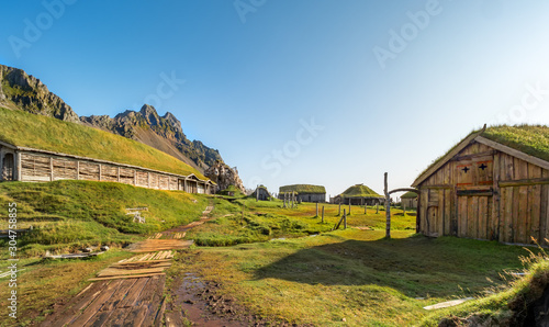  Panorama the viking village in Stokksnes, Iceland with Vestrahorn mountain in the background