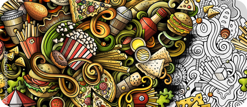 Fastfood hand drawn doodle banner. Cartoon detailed illustrations