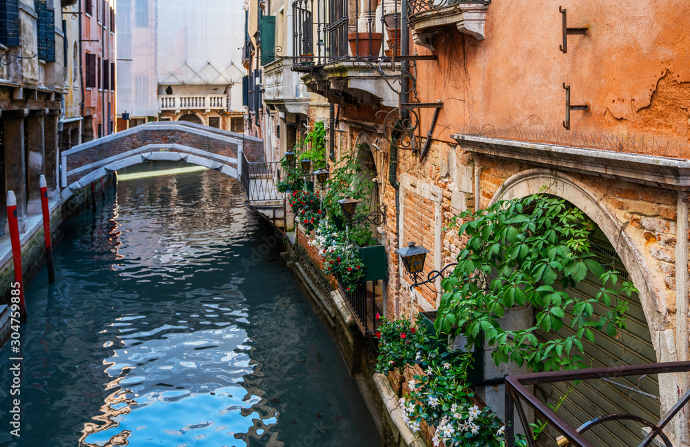 Beautiful view of the traditional water channel in Venice in the morning. Travel, tourism and holiday concept.