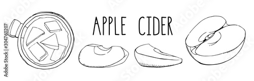 Set of hand drawn vector elements isolated on white. Apple cider with spices and fruit slices. Popular winter alcoholic beverage. Christmas cocktail. Clip art for menu decoration. Modern lettering