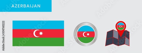 Free Download The horizontal three-color flag of Azerbaijan is isolated in official colors (blue, red and green), there are white crescent moons and octagonal stars, map pins, like the original - GFXLoad