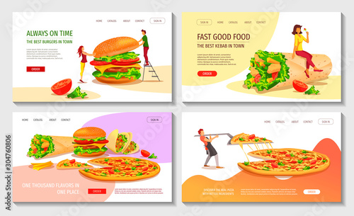 Set of web page design templates for fast food, cooking, cafe and restaurant menu, food ordering, junk food. Burger, Kebab, Pizza, Tacos. Vector illustration perfect for banner, poster, website.