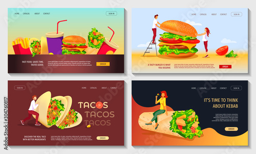 Set of web page design templates for fast food, cooking, cafe and restaurant menu, food ordering, junk food. Burger, Kebab, Tacos. Vector illustration perfect for banner, poster, website.