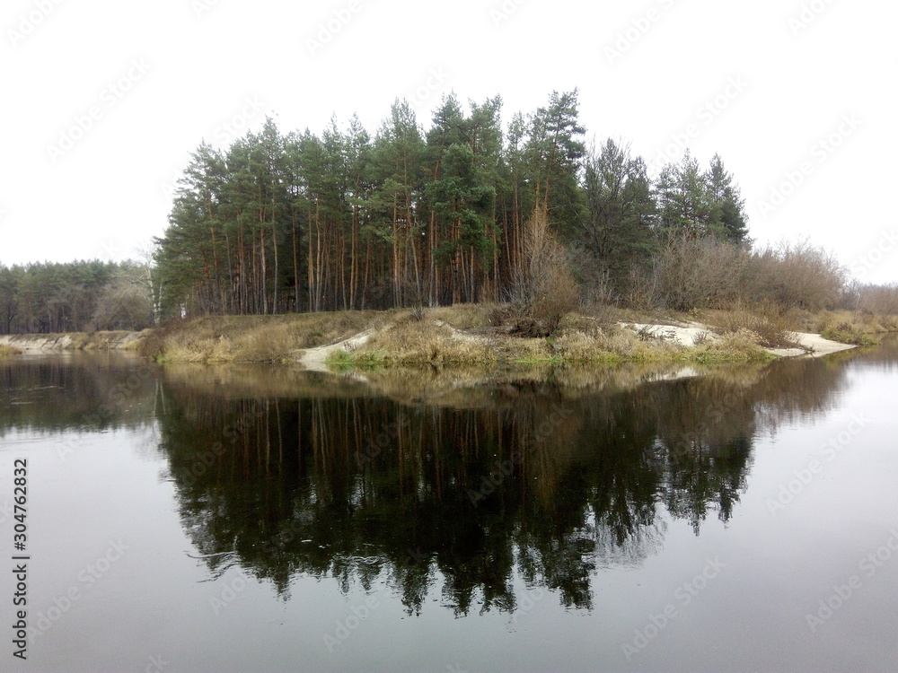 River, pine forest and sandy shore in autumn River, pine forest and sandy shore in autumn